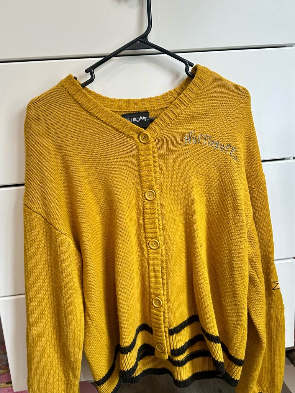 Harry Potter Hufflepuff Mustard Yellow Button Cardigan with Black Stripe Accents